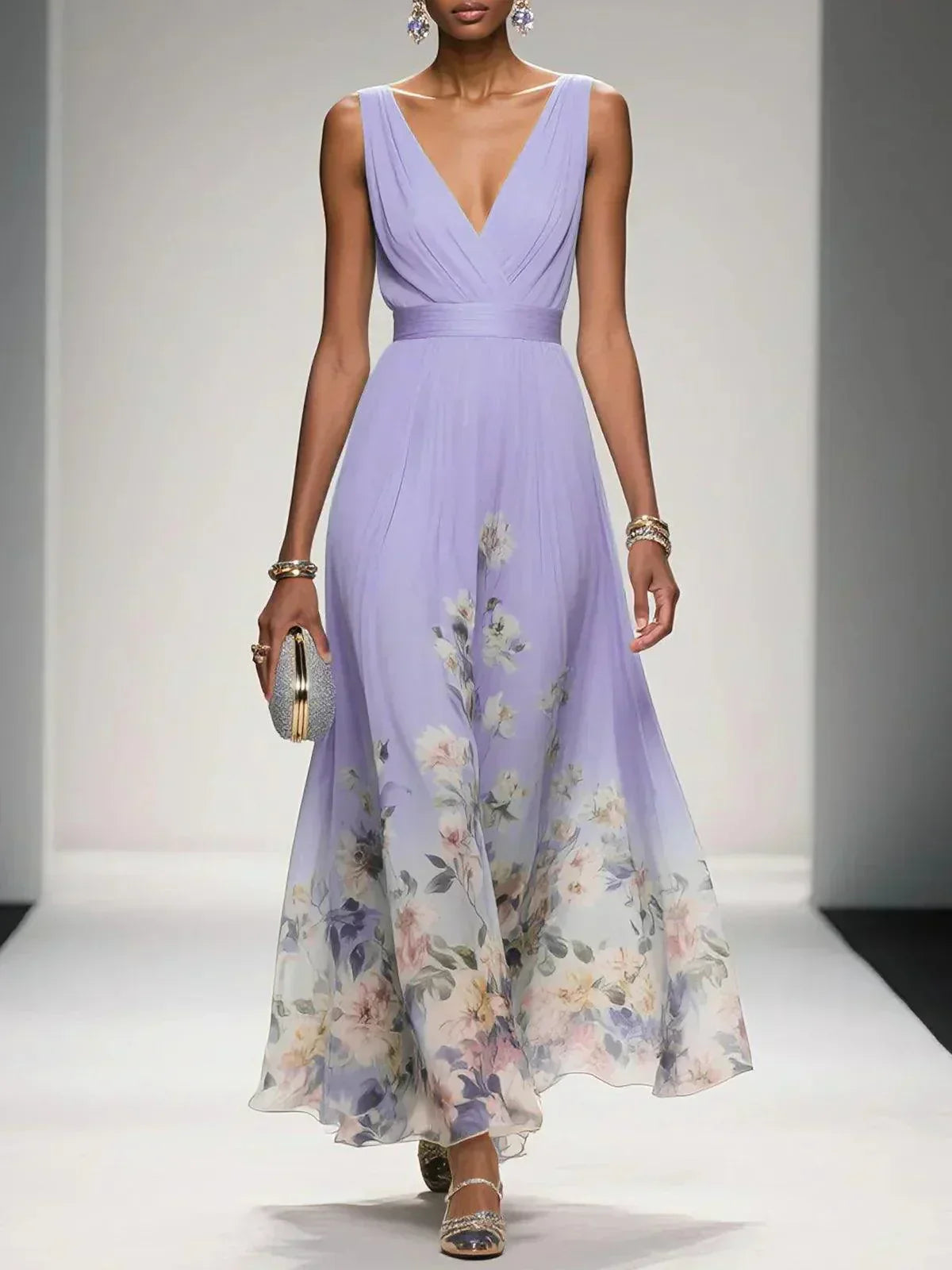 Women floral print maxi dress with V-neckline, flowing A-line silhouette