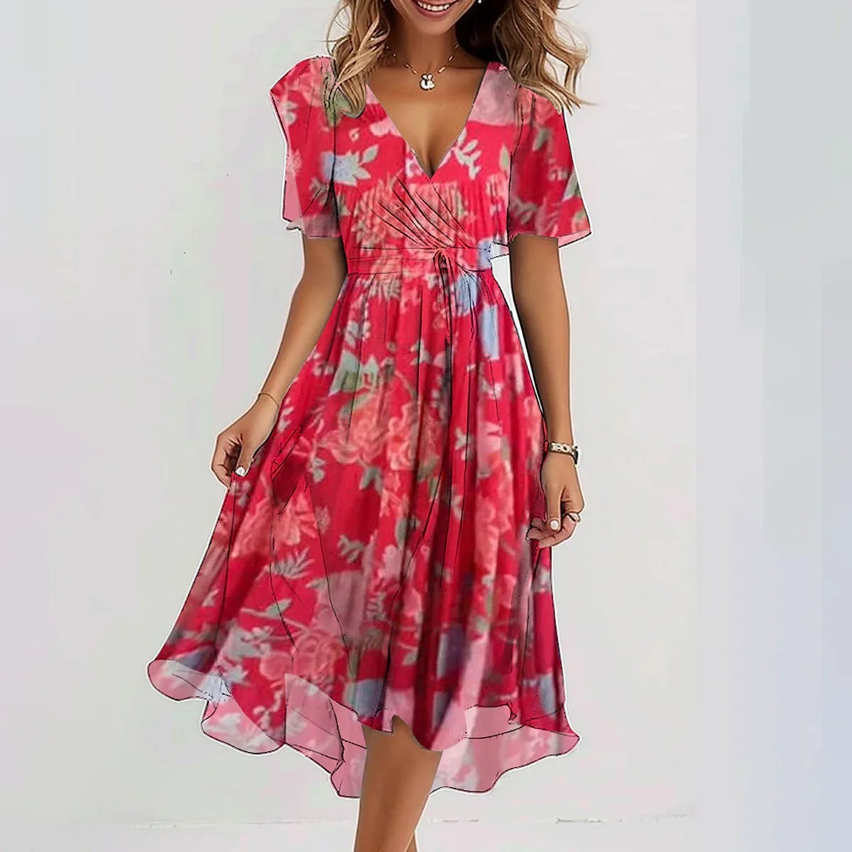 Evening Dress | Women V-Neck, Elegant Printed | Flowy Formal Gown