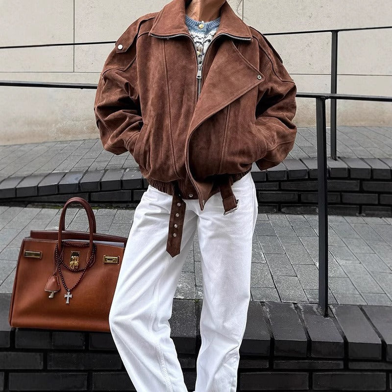 Oversized Bomber Jacket Women | Brown Suede, Asymmetric Zip