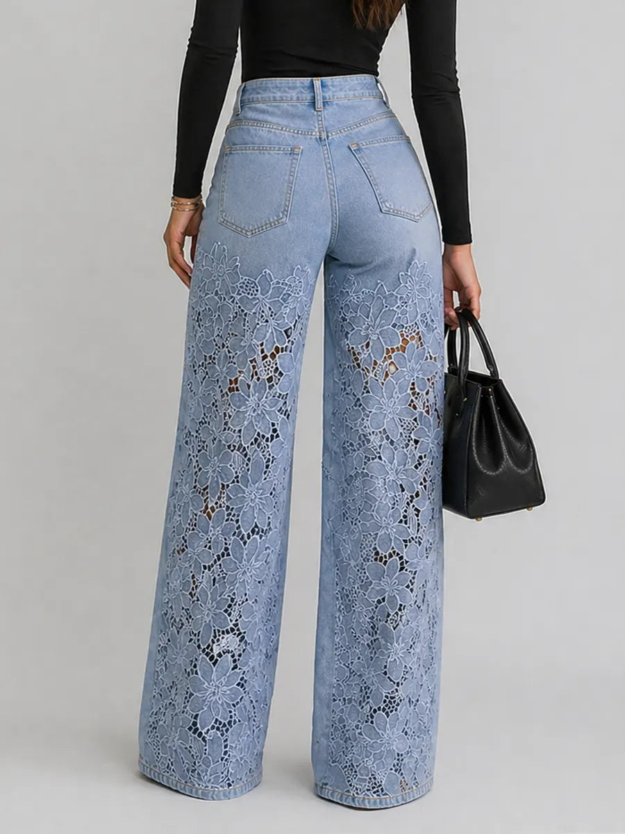 Women denim wide leg pants with floral lace panels high waist