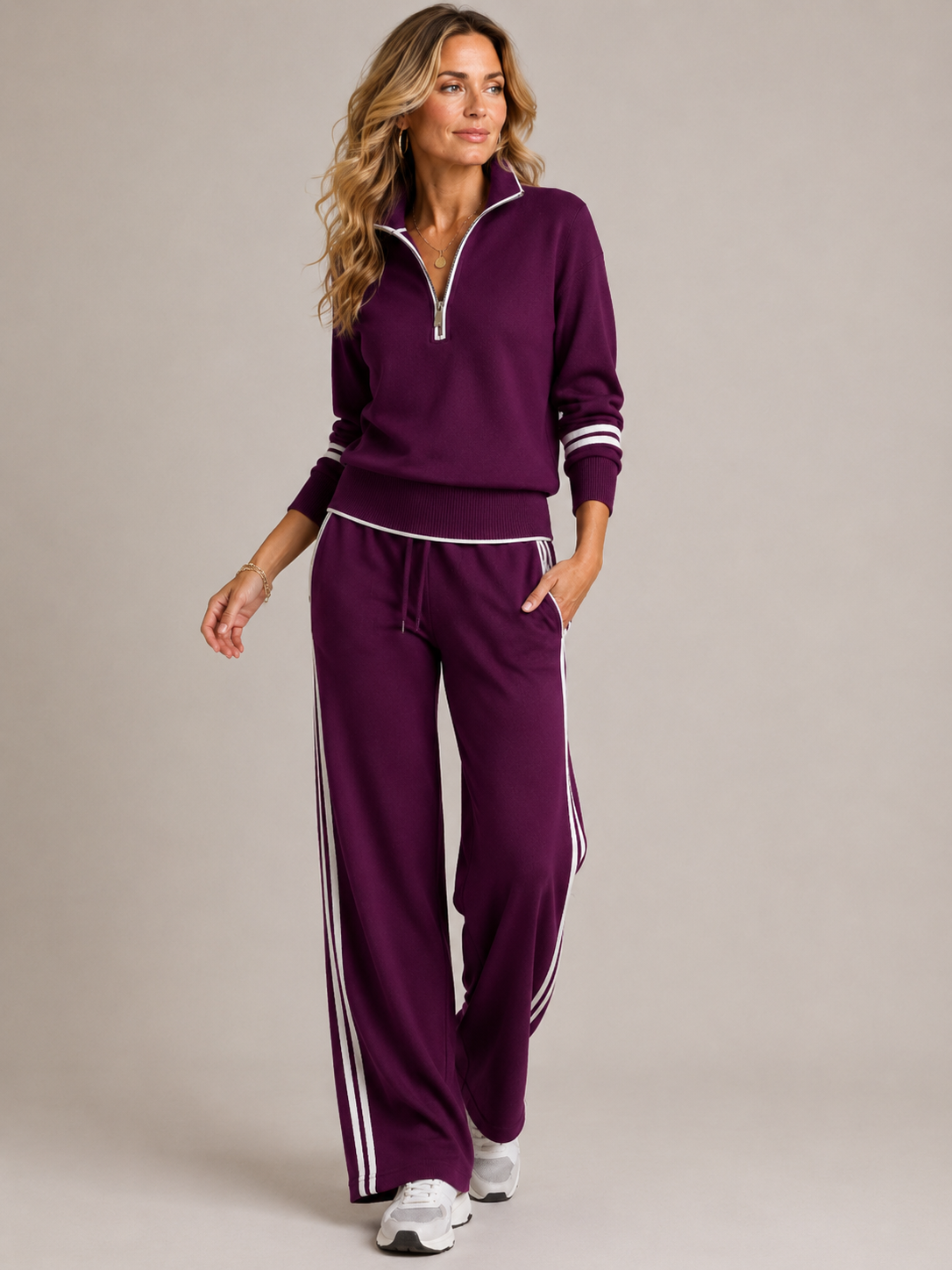 Women 2 Piece Zip Sweatshirt Wide Leg Set with stripe trim detail