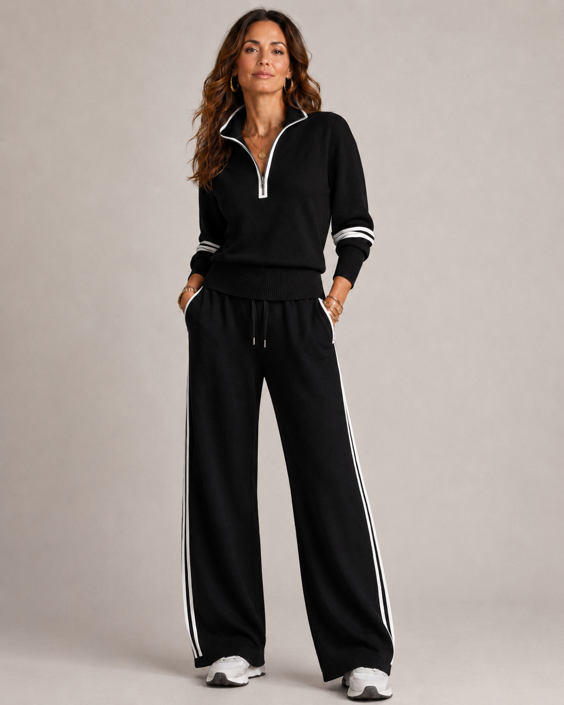 Women 2 Piece Zip Sweatshirt Wide Leg Set with stripe trim detail