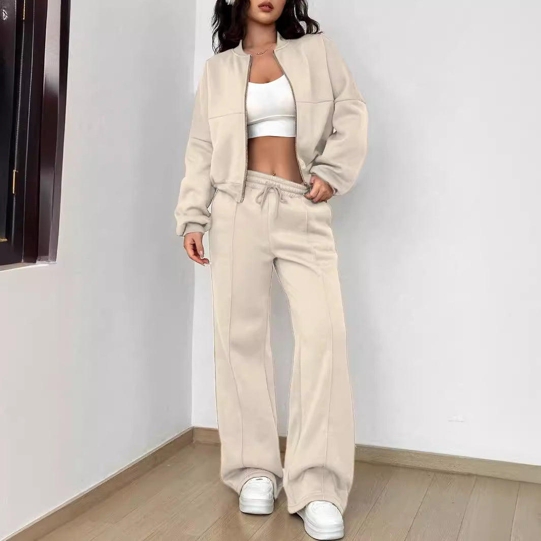 Womens 2 piece zip sweatshirt wide leg set with cropped jacket and drawstring waist