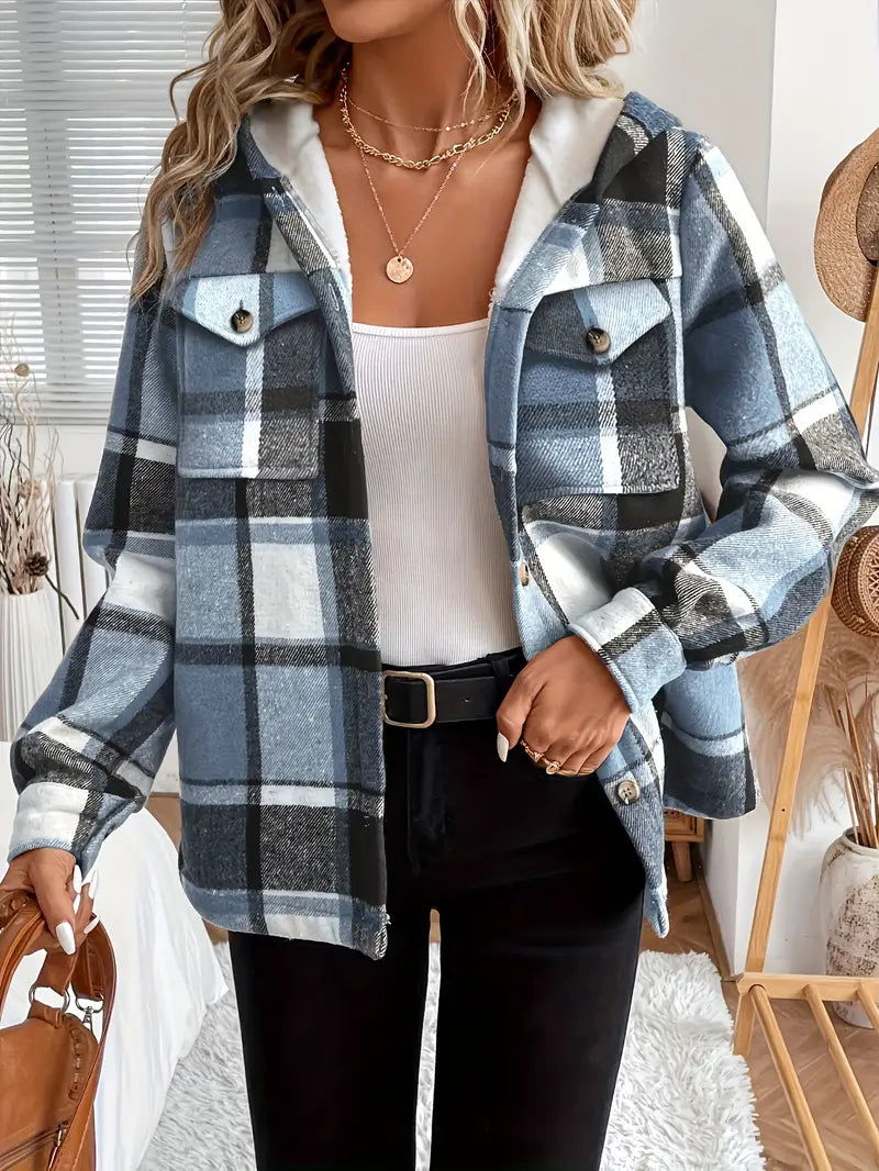 Plaid hooded jacket women with fleece lining and hood