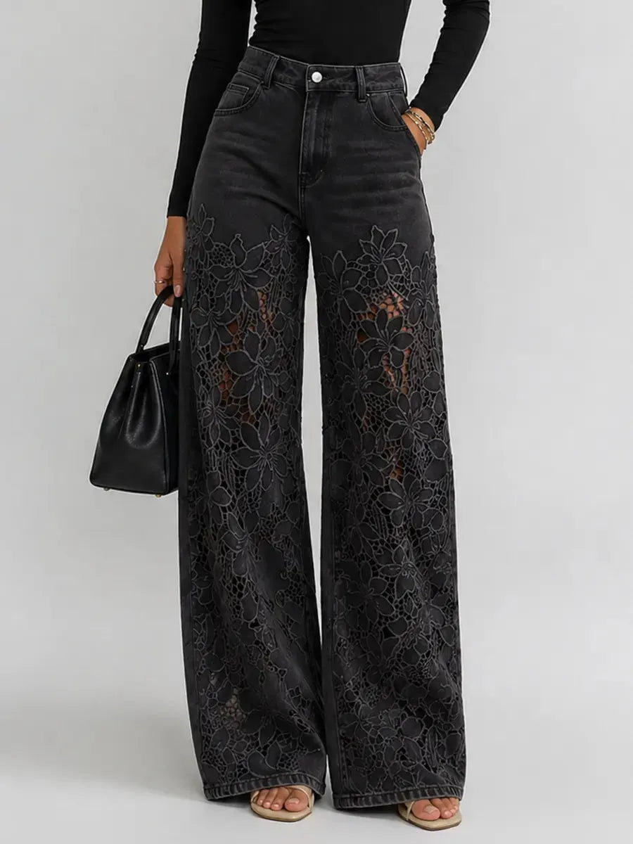 Women denim wide leg pants with floral lace panels high waist