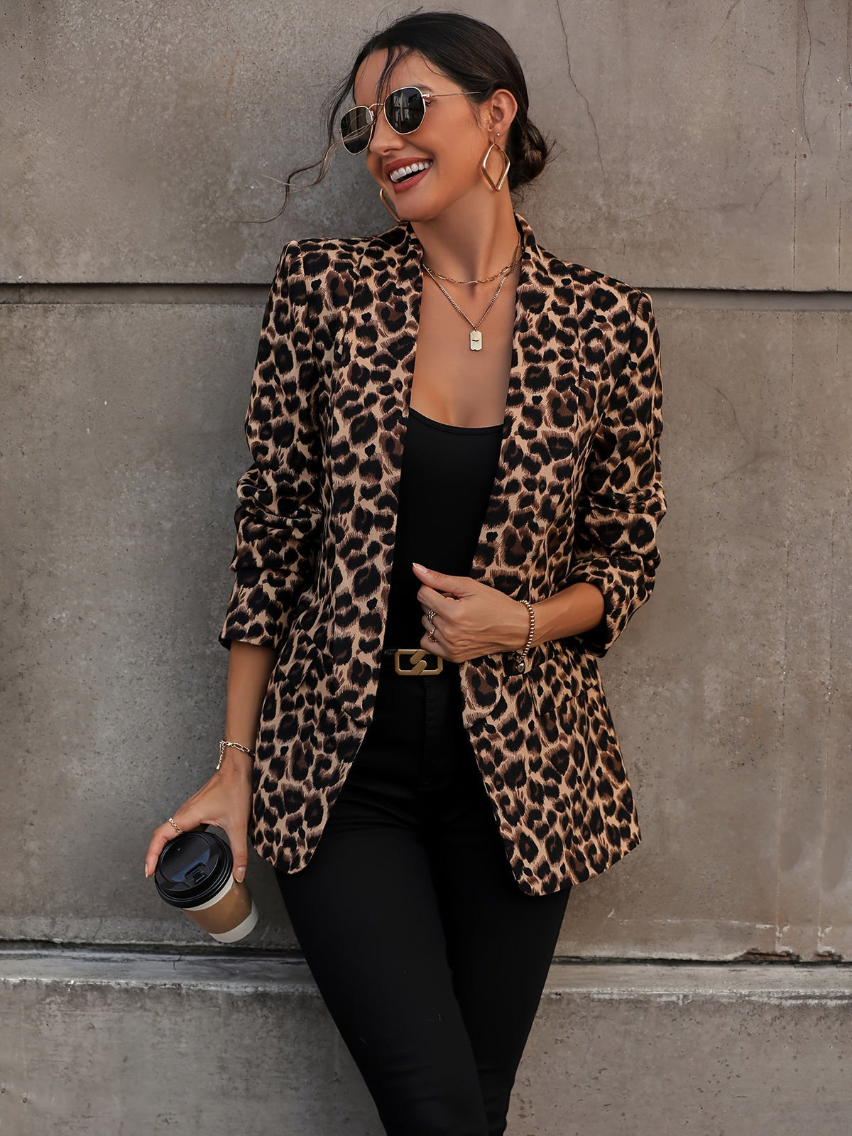 Womens leopard print blazer long with long sleeves, all season animal print