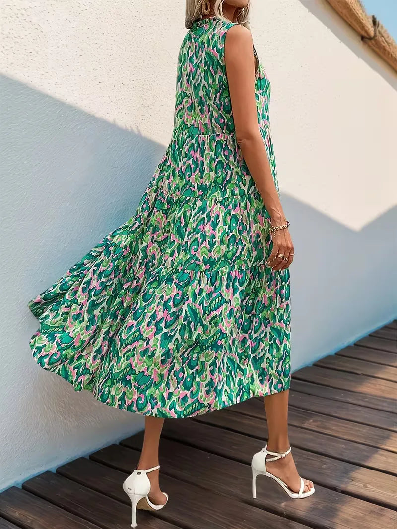 Linen Loose Summer Dress | Bohemian A-Line, V-Neck | Colorful