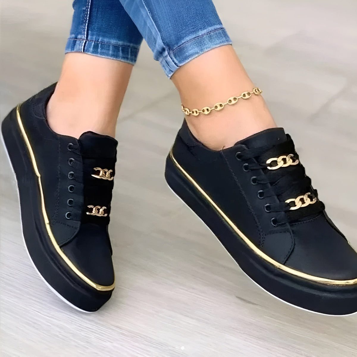 Women orthopedic sneakers lace up with metallic chain accent detail