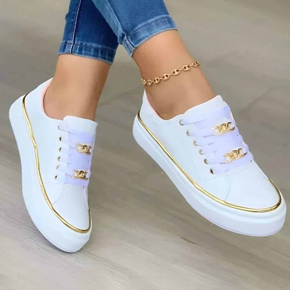 Women orthopedic sneakers lace up with metallic chain accent detail