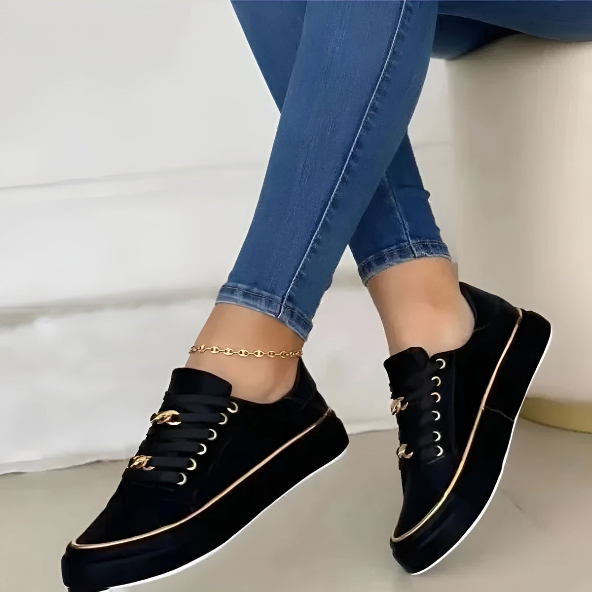 Women orthopedic sneakers lace up with metallic chain accent detail
