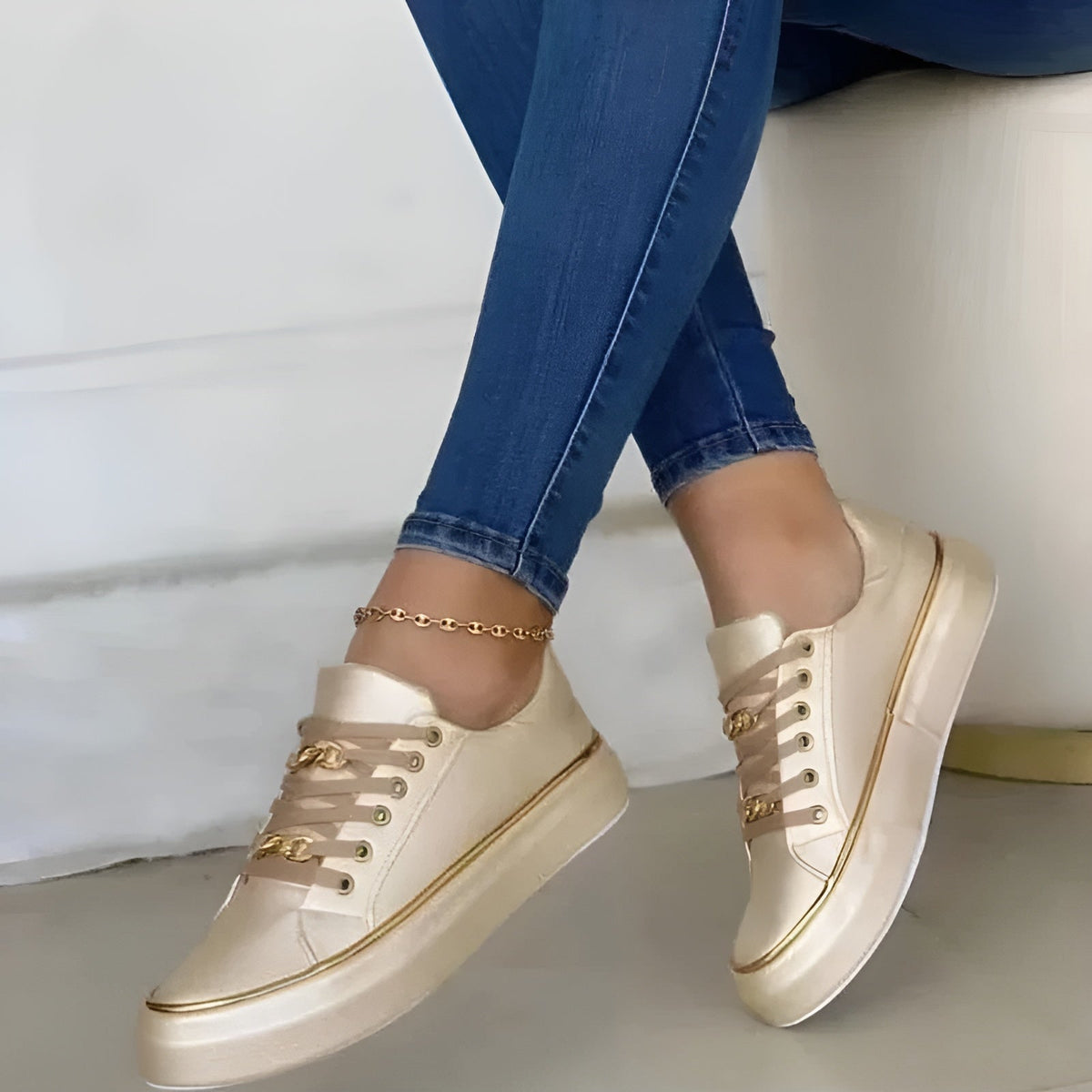 Women orthopedic sneakers lace up with metallic chain accent detail
