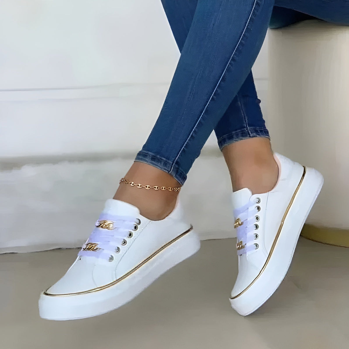 Women orthopedic sneakers lace up with metallic chain accent detail