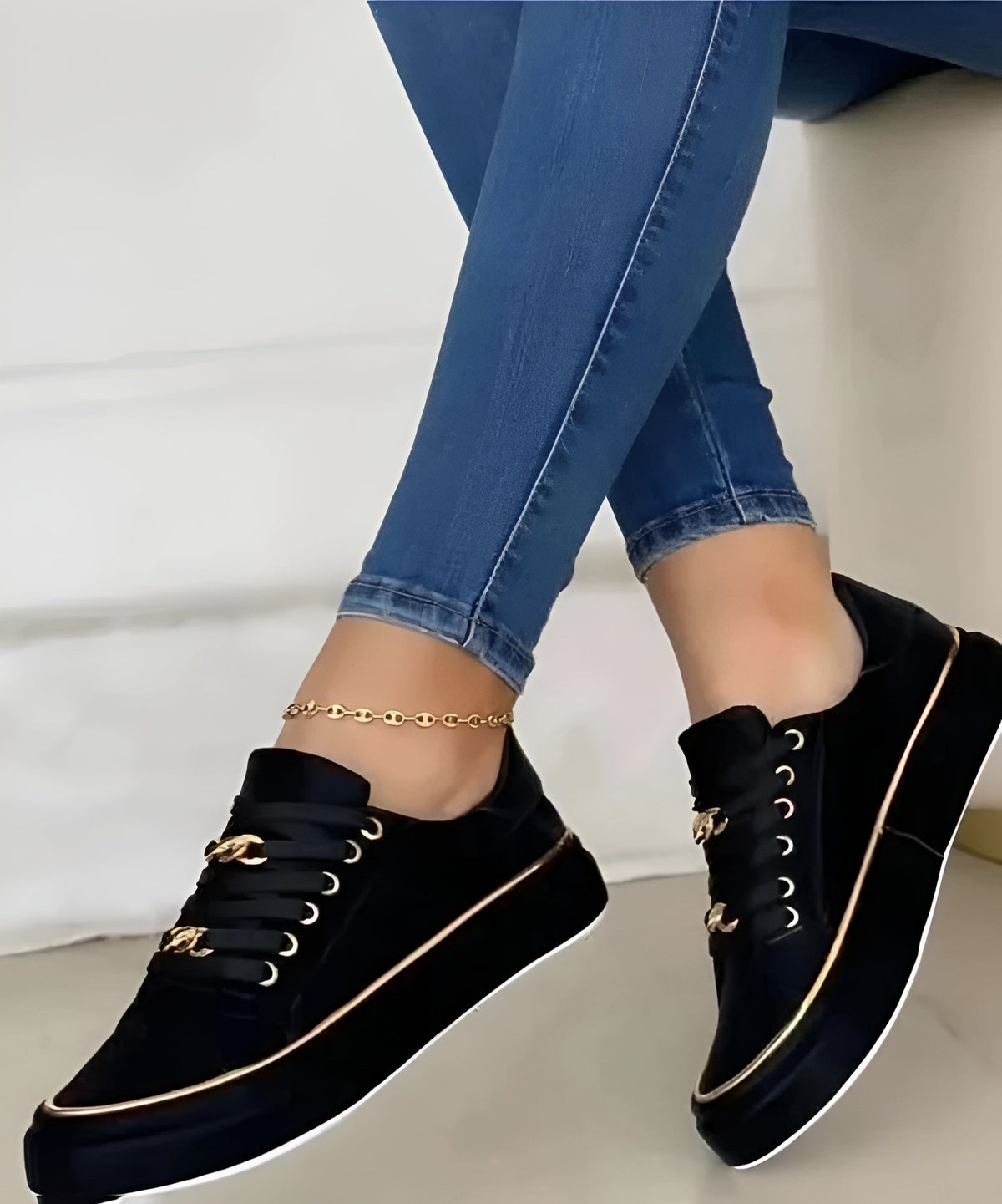 Women orthopedic sneakers lace up with metallic chain accent detail