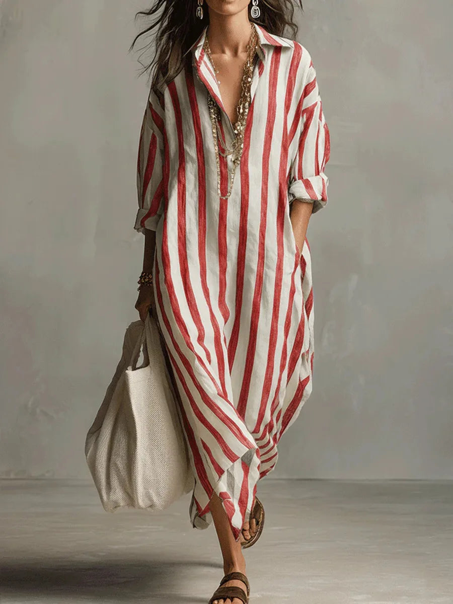 Women striped midi shirt dress loose fit with v-neck and three-quarter sleeves