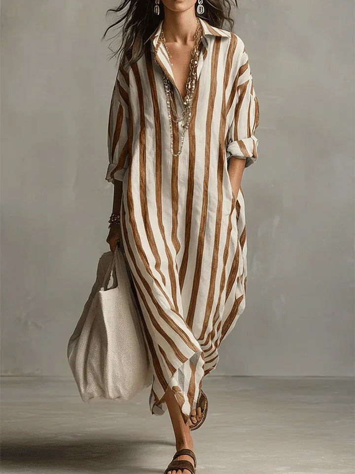 Women striped midi shirt dress loose fit with v-neck and three-quarter sleeves