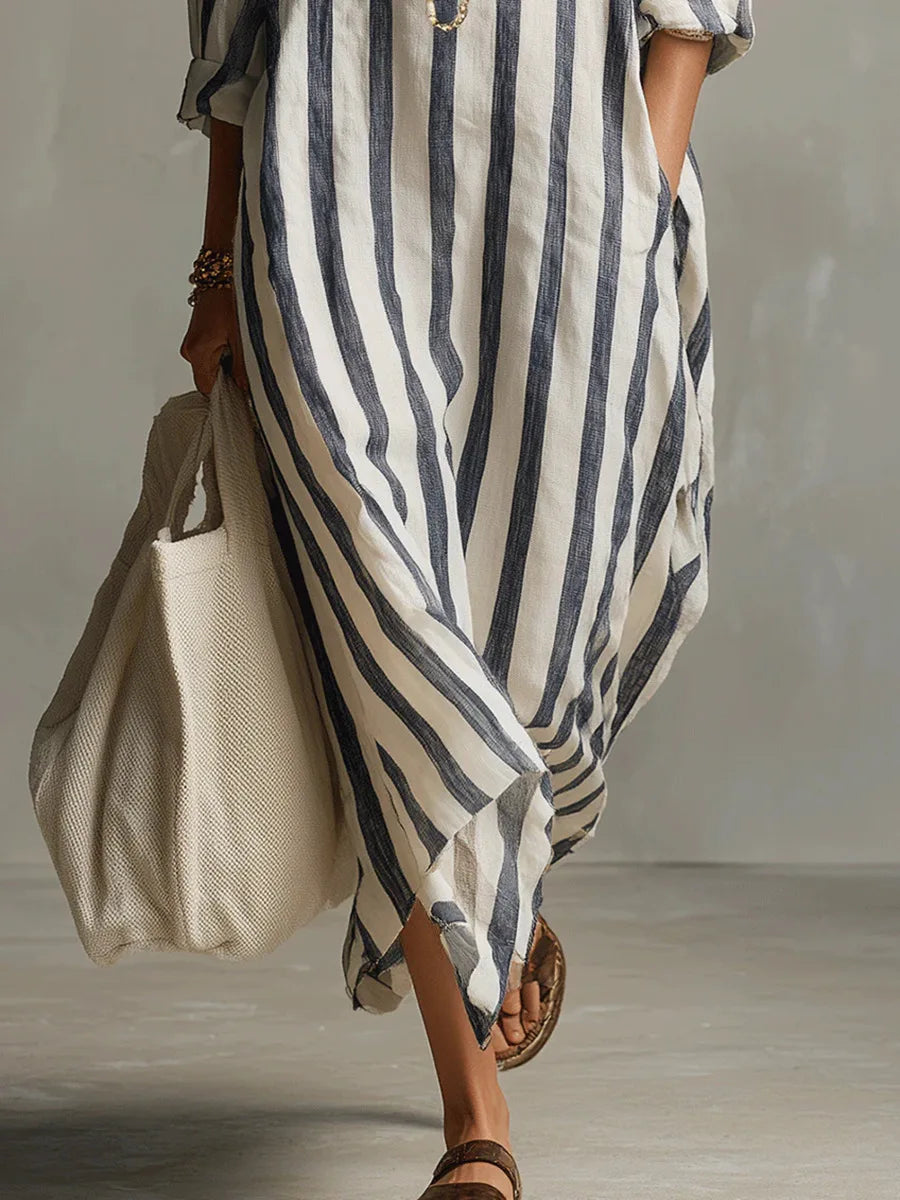 Women striped midi shirt dress loose fit with v-neck and three-quarter sleeves