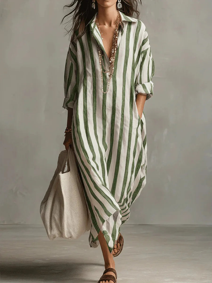 Women striped midi shirt dress loose fit with v-neck and three-quarter sleeves