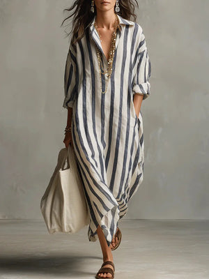 Women’s Shirt Dress | Striped, Midi Length | Loose Fit, Casual Style