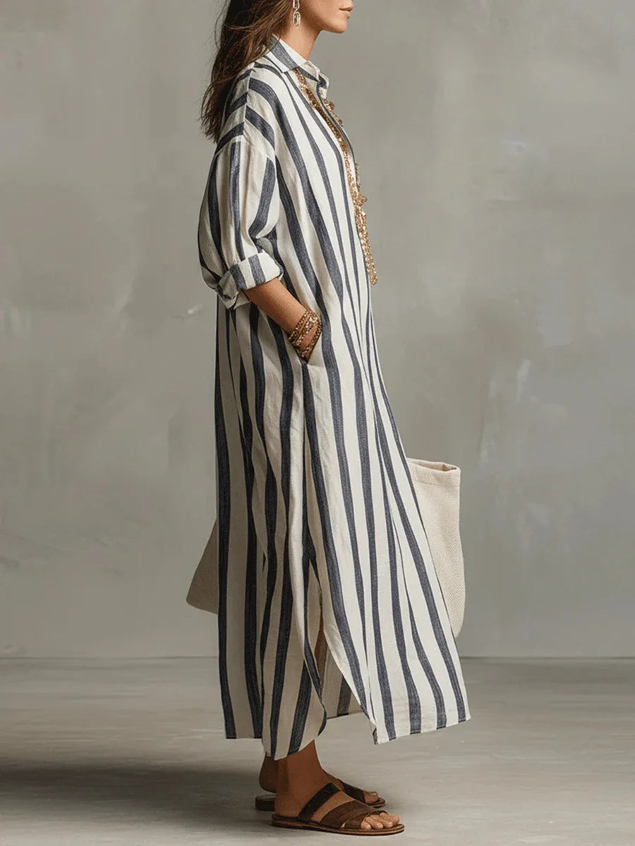 Women striped midi shirt dress loose fit with v-neck and three-quarter sleeves