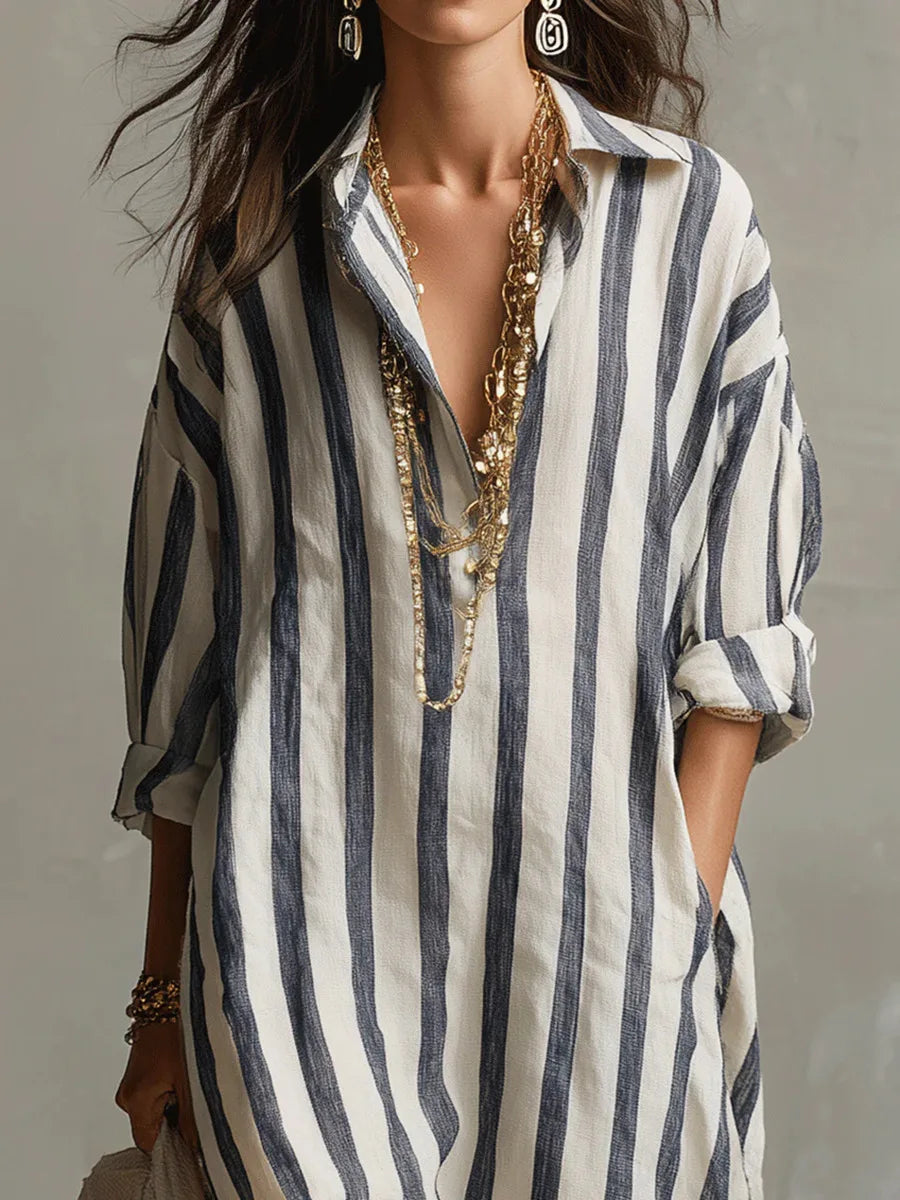 Women striped midi shirt dress loose fit with v-neck and three-quarter sleeves