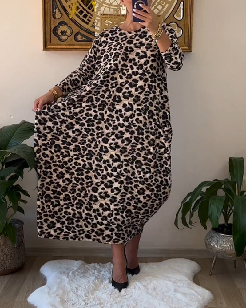 Cotton Maxi Dress with Pockets | Leopard Print, Black | Shift
