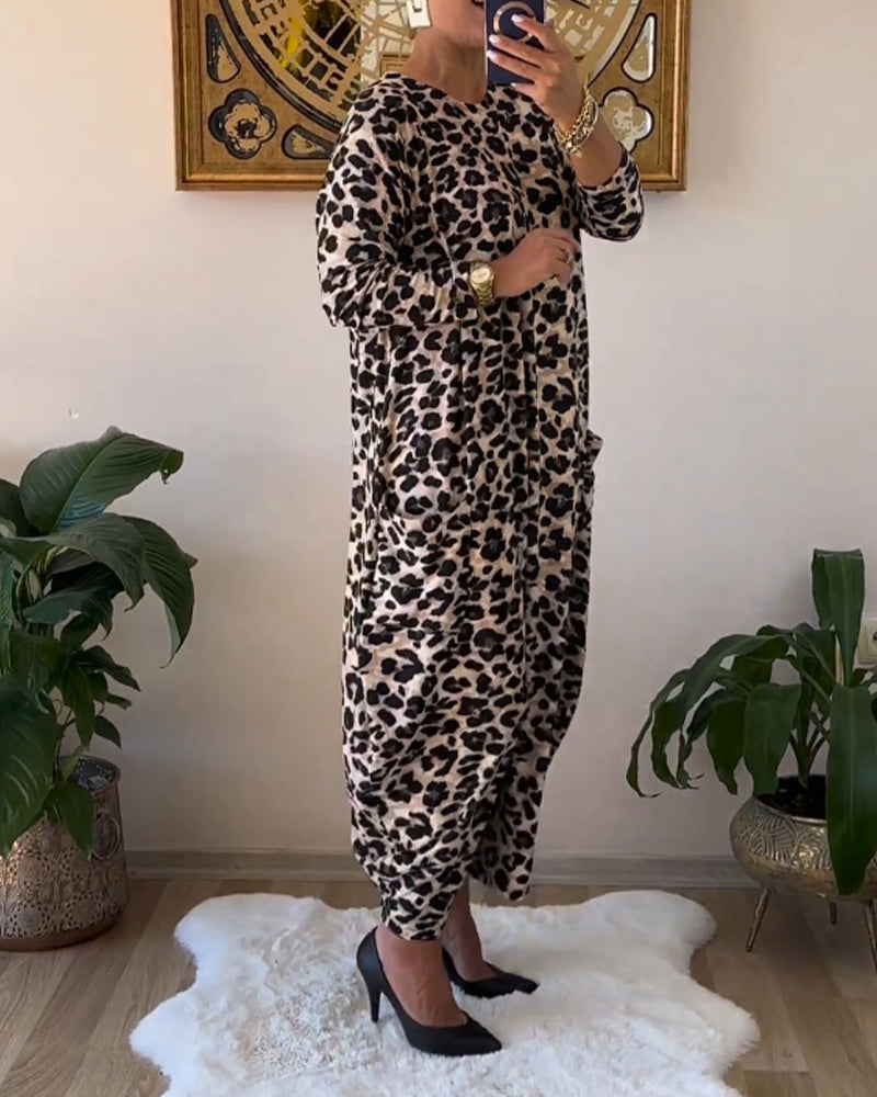 Cotton Maxi Dress with Pockets | Leopard Print, Black | Shift