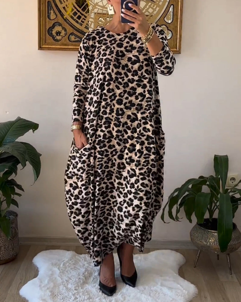 Cotton Maxi Dress with Pockets | Leopard Print, Black | Shift