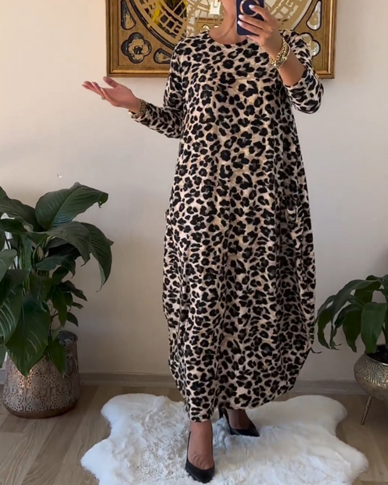 Cotton Maxi Dress with Pockets | Leopard Print, Black | Shift