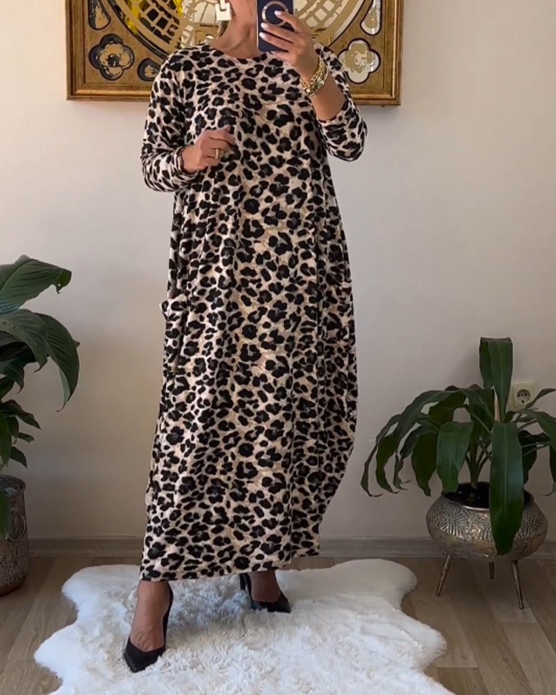 Cotton Maxi Dress with Pockets | Leopard Print, Black | Shift