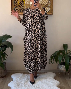 Cotton Maxi Dress with Pockets | Leopard Print, Black | Shift