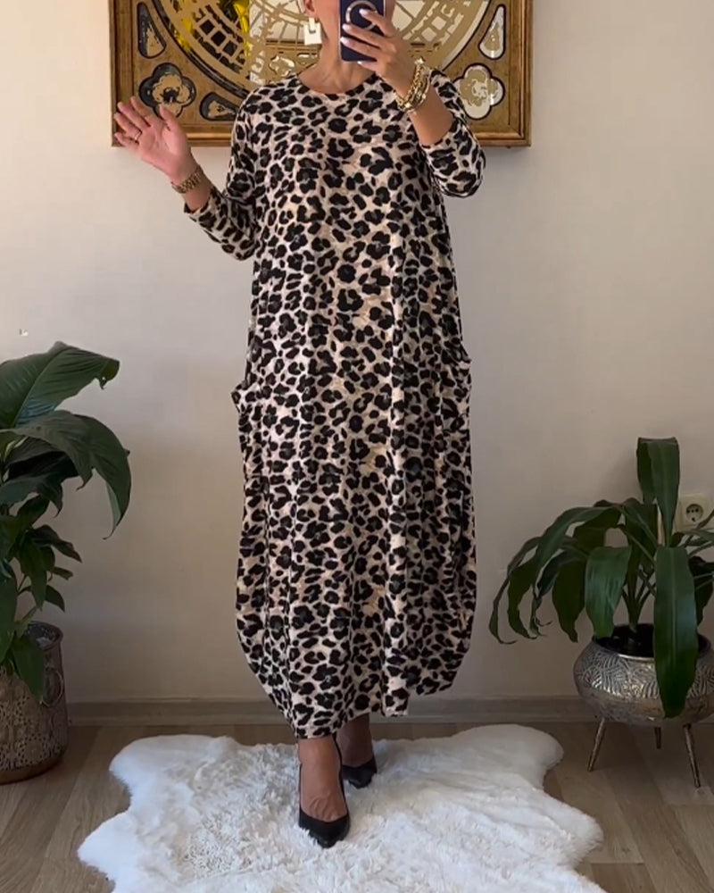 Cotton Maxi Dress with Pockets | Leopard Print, Black | Shift