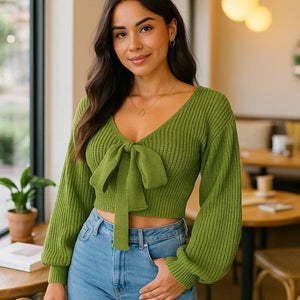 Women's Crop Sweater with V-Neck Bowknot and Lantern Sleeves