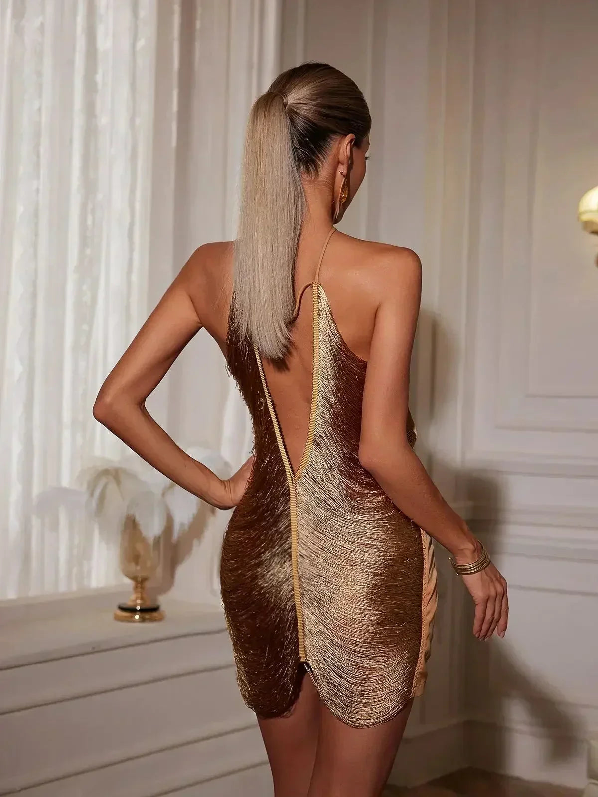 Christmas Party Dress | Women's Metallic Mini Dress, Asymmetric, Backless