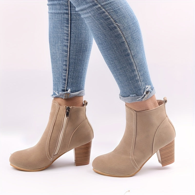 Women ankle boots stacked block heel side zip suede-look upper
