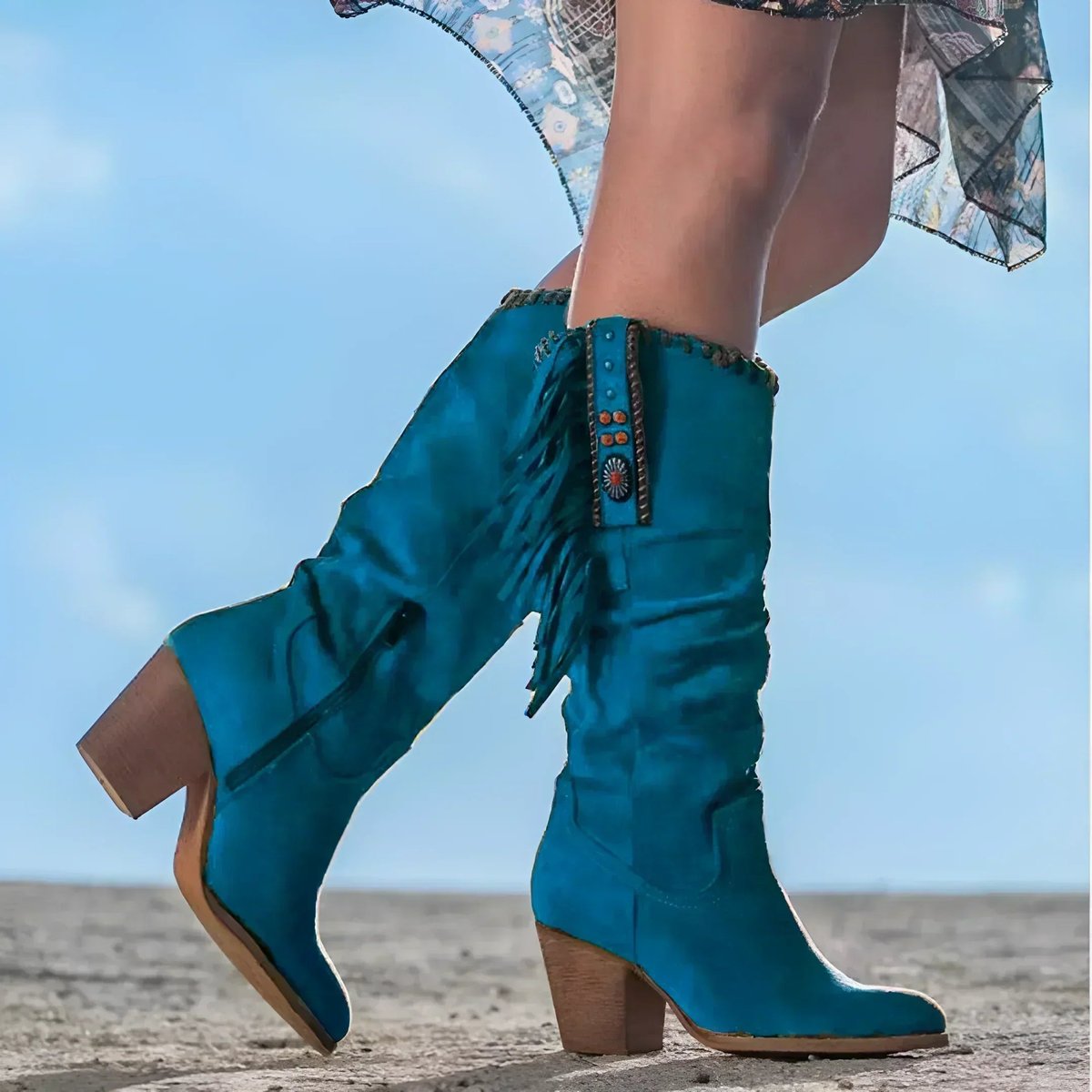Women's Knee High Boots | Western Fringe Suede | Block Heel