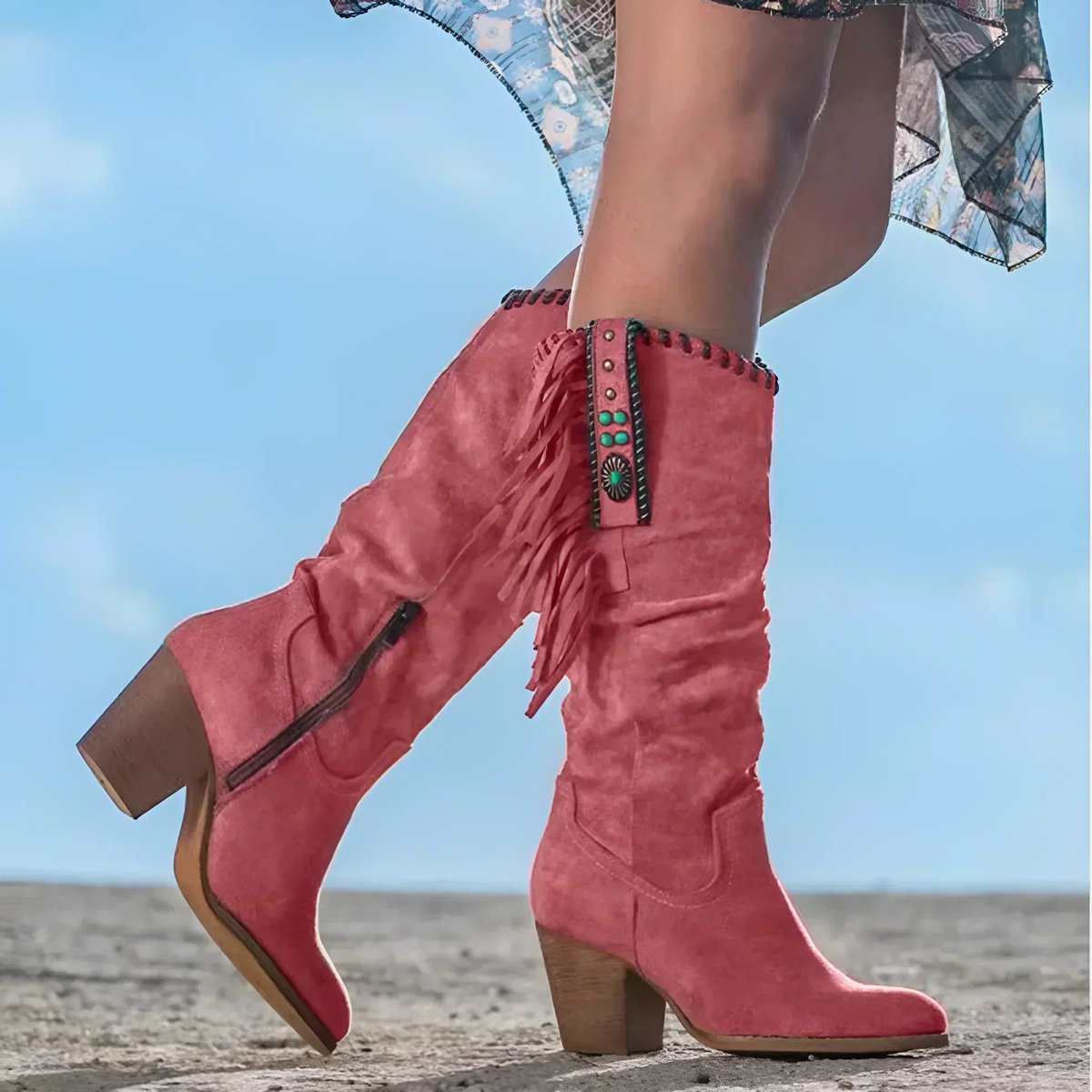 Women's Knee High Boots | Western Fringe Suede | Block Heel
