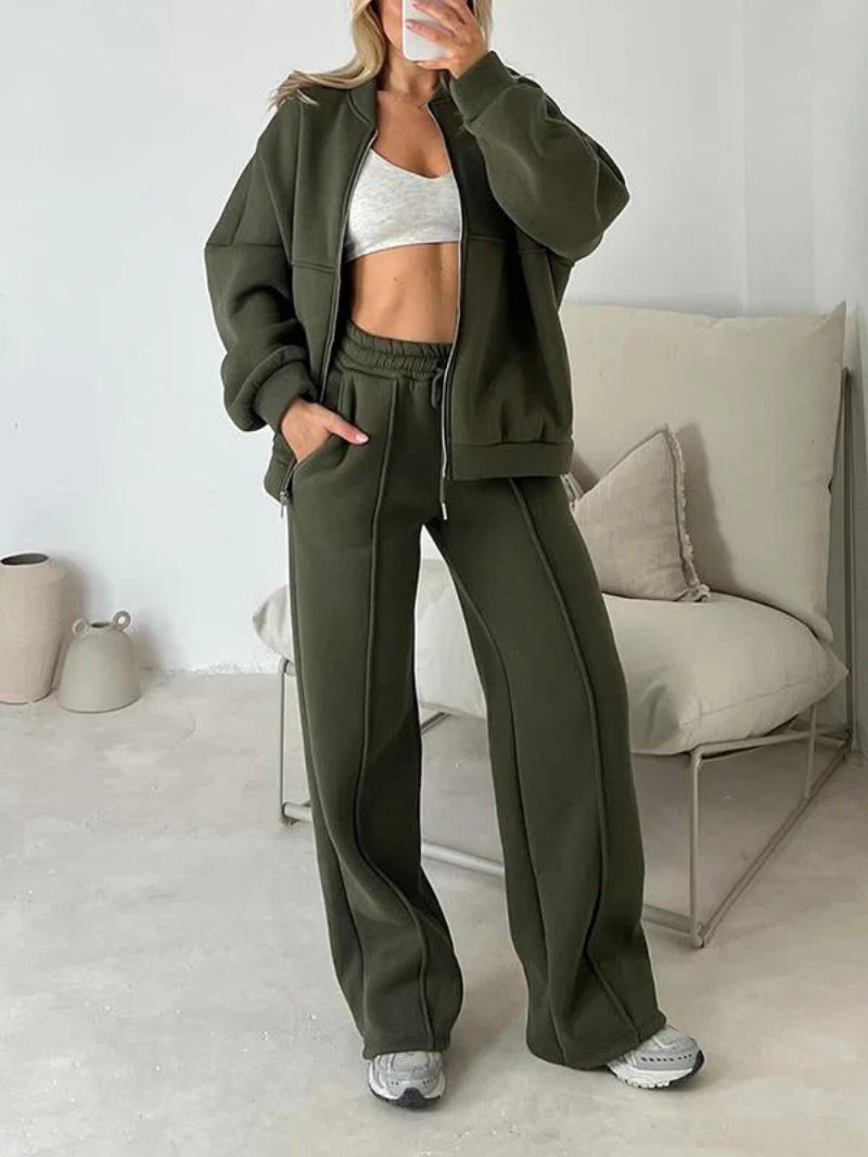 Womens 2 piece zip sweatshirt wide leg set with cropped jacket and drawstring waist