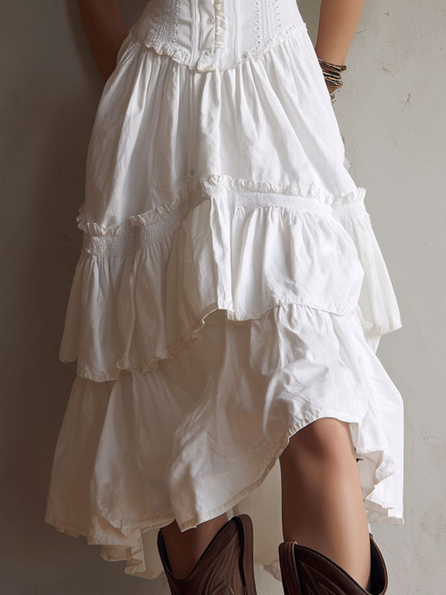 Midi Dress | Corset Bodice, Tiered Skirt | White Lace-Trim
