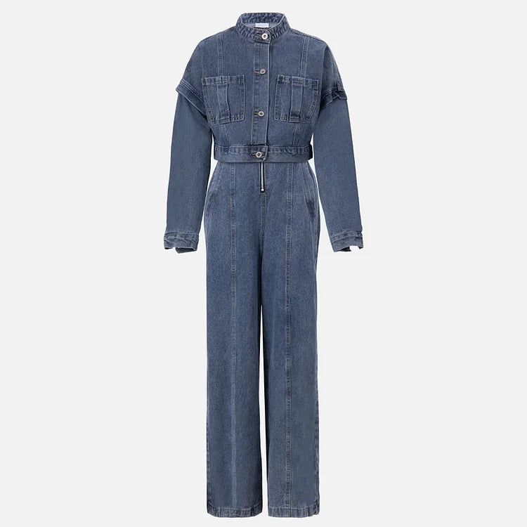 Denim Jumpsuit Set | Zip Front with Matching Jacket | Stretch
