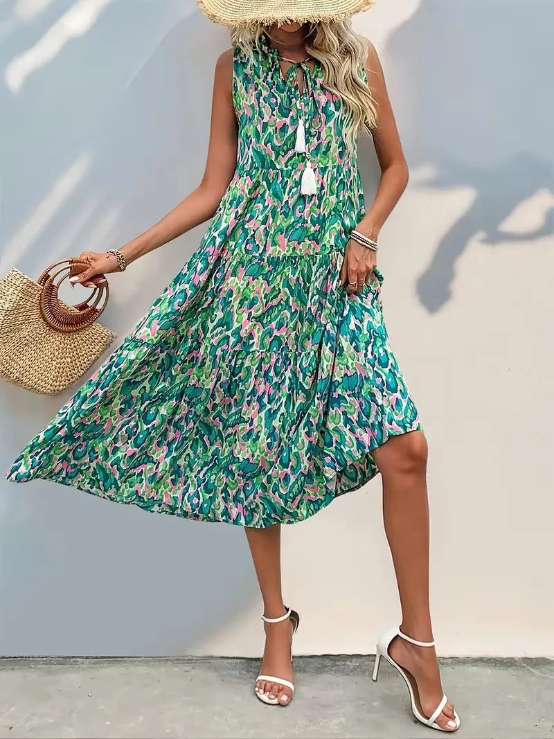 Linen Loose Summer Dress | Bohemian A-Line, V-Neck | Colorful