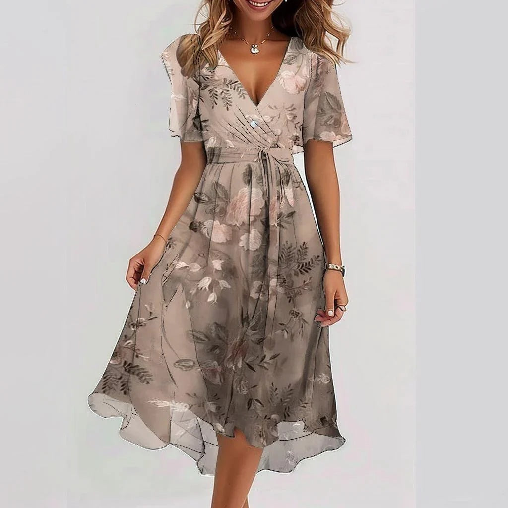Evening Dress | Women V-Neck, Elegant Printed | Flowy Formal Gown