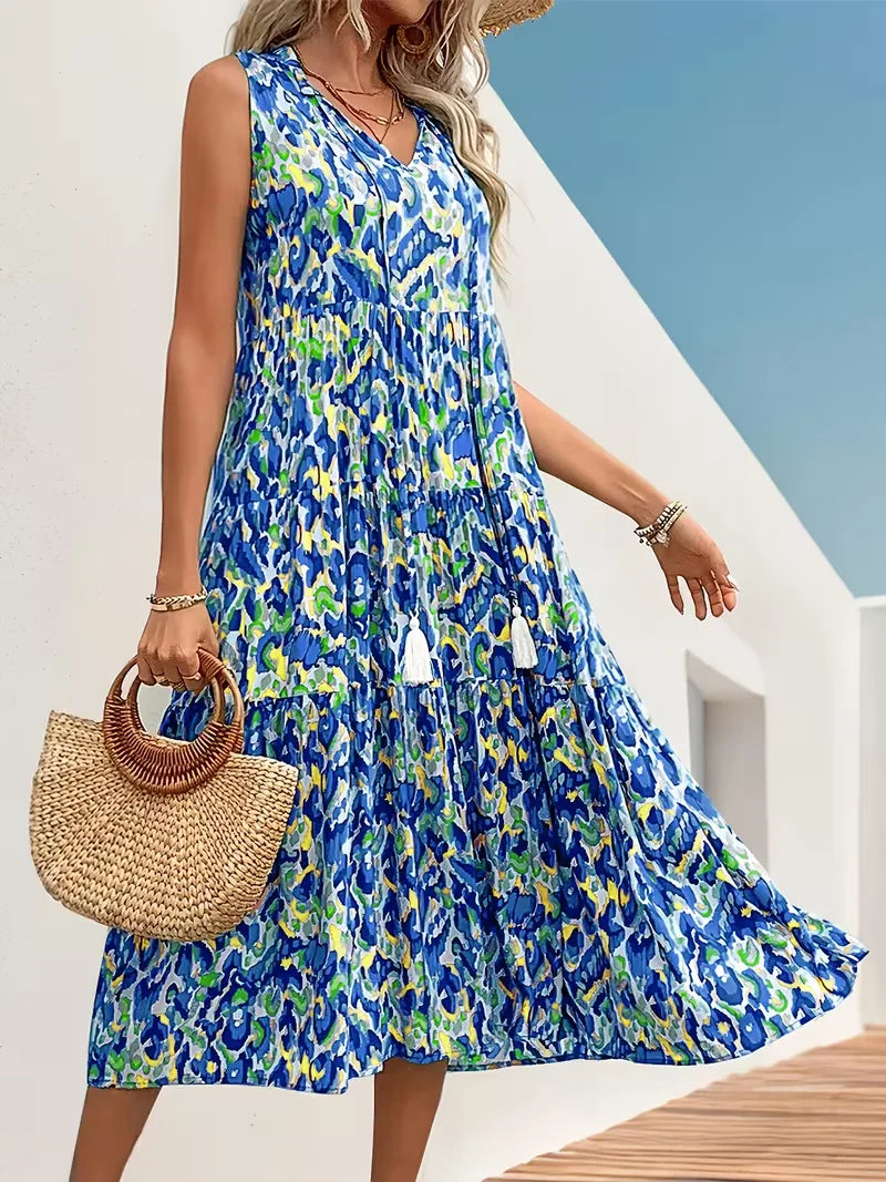 Linen Loose Summer Dress | Bohemian A-Line, V-Neck | Colorful