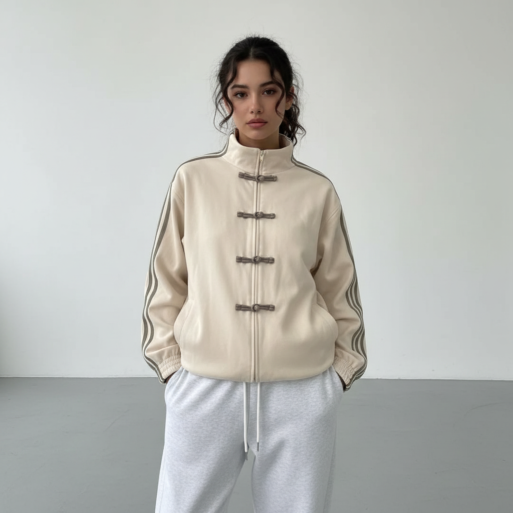 Women retro velour track jacket with contrast sleeve stripes and button closure