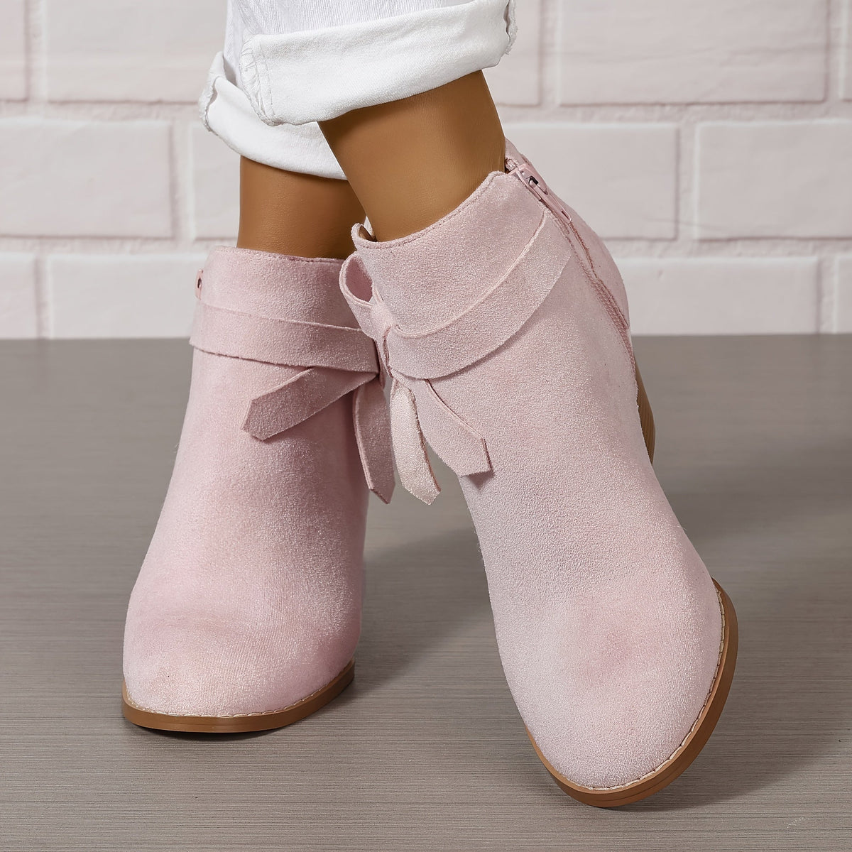 Women pointed toe block heel ankle boots with bow detail and side zip