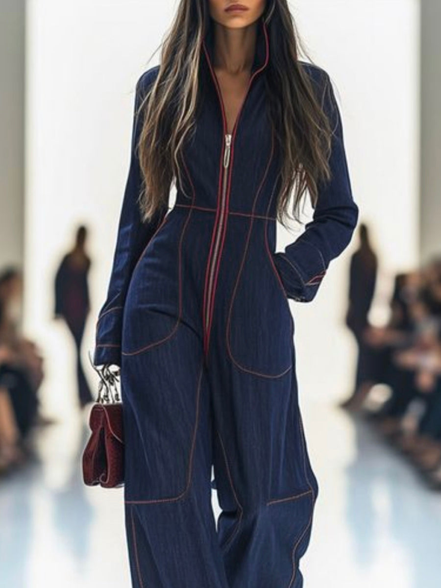 Denim Jumpsuit | Wide Leg, Long Sleeve, Mock Neck