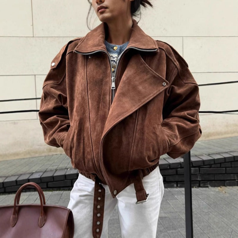 Oversized Bomber Jacket Women | Brown Suede, Asymmetric Zip