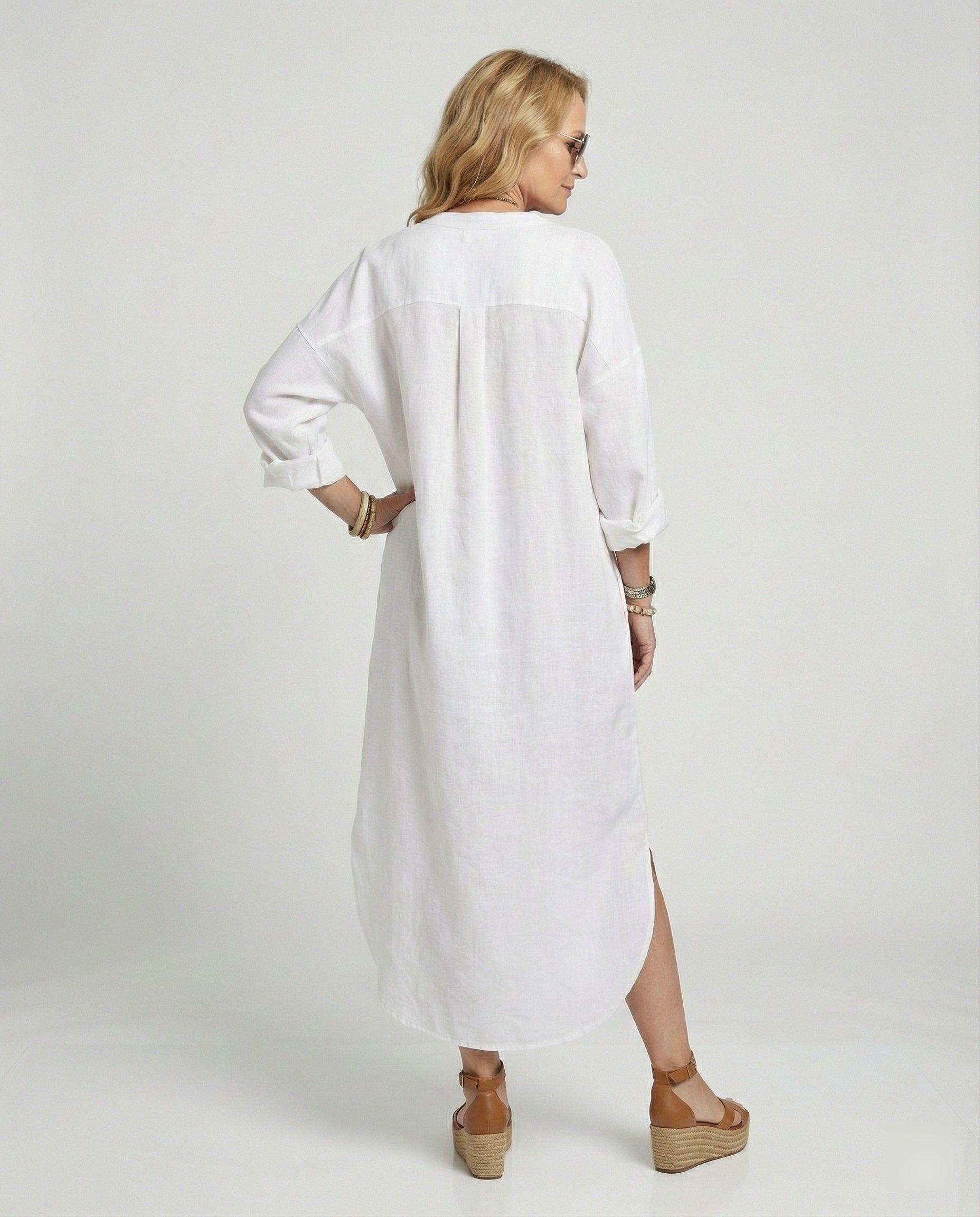 Linen Loose Summer Dress | Kaftan Style, V-Neck | Balloon Sleeves