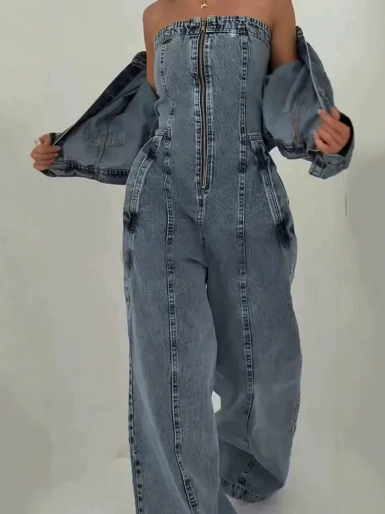 Denim Jumpsuit Set | Zip Front with Matching Jacket | Stretch