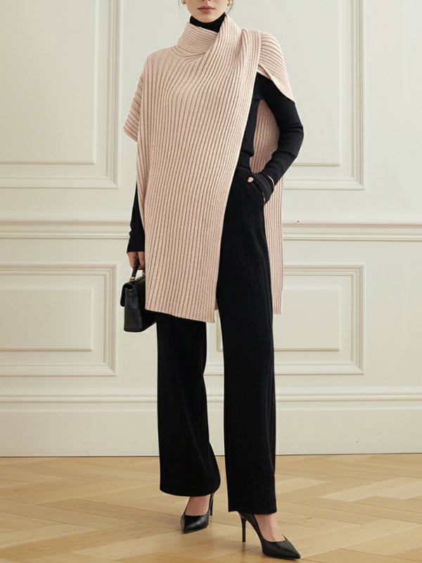 Women viscose knit sweater top asymmetric hem high neck loose fit