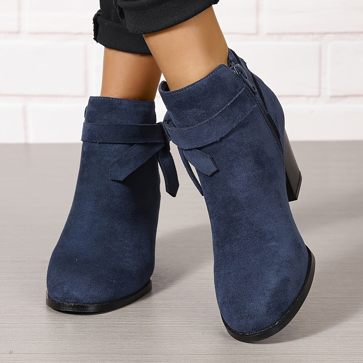 Women pointed toe block heel ankle boots with bow detail and side zip